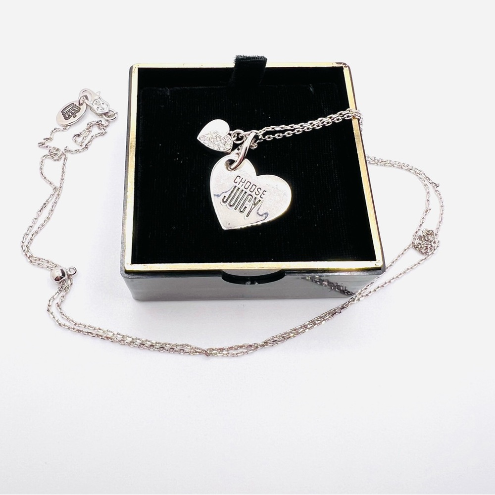 Vintage Juicy Couture “Choose Juicy” Heart Charm Rhinestone Pendant Necklace